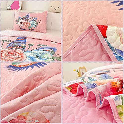 Pink Unicorn Quilt Set For Girls Twin Size 2-Piece Kids Comforter Bedding Set Stars Flowers Reversible Quilted Bedspread Coverlet Lightweight Bed Sheet Set Cover Throw Blanket With Pillow Case #TOP5