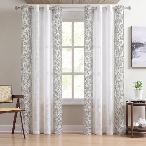 Image of LINENWALAS Decorative Cotton Linen Sheer Curtains 9 Feet for Long Door -Block Printed Door Curtain | Grommet Hanging Style Pack of 2 Panels |Light Filtering Sheer Drapes (Black Bandhani)