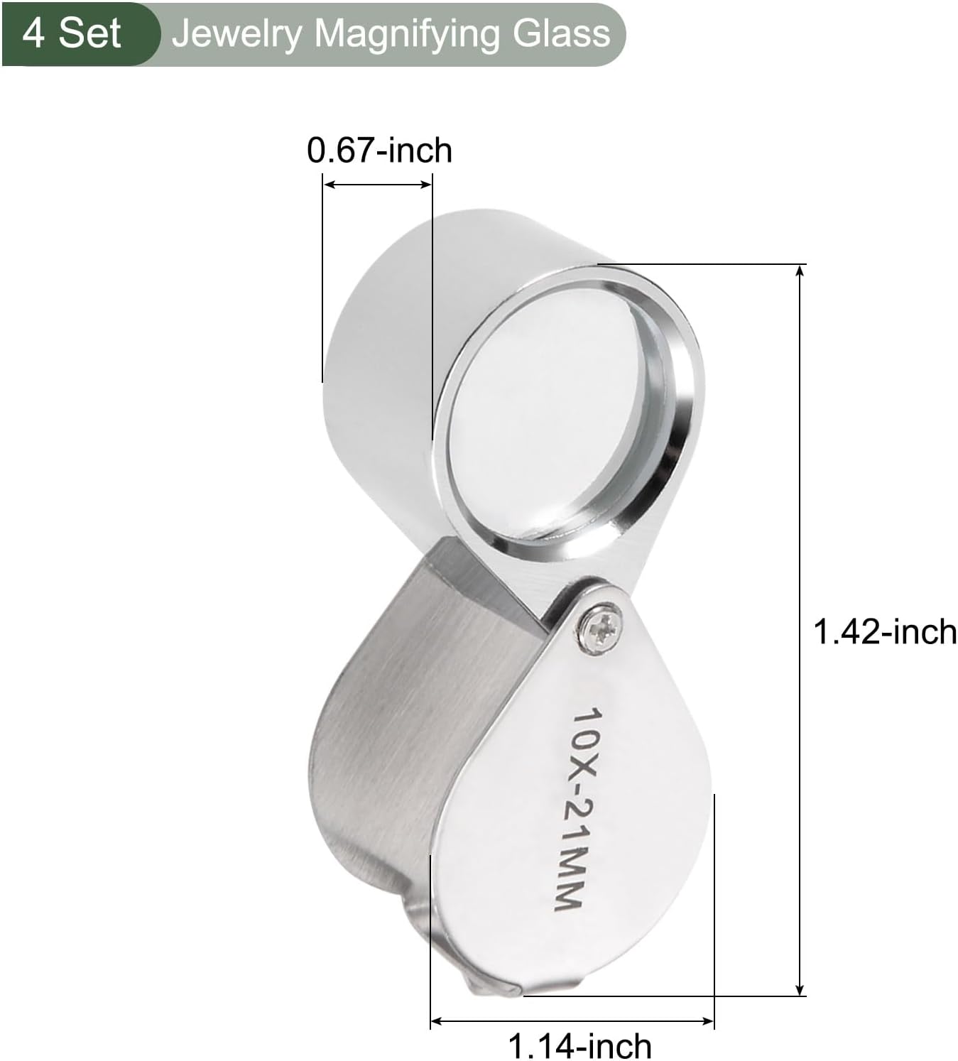 YOKIVE 4 Pcs Magnifying Glass, Magnifier Reduce Eye Strain, Great for Diamonds, Gems, Coins (Silver, 10X 21mm)