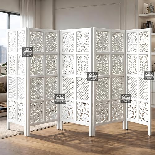 Image of Wooden Room Divider Screen, Carved,Decorative Handcrafted Privacy Screen Separator Wall Divider | Folding Partition with Floral & Jaali Design (White, 5ft-5 Panel White)