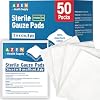AZEN 50 Pack Sterile Gauze Pads, 3 x 4 Non Stick Gauze Pads, 8-Ply Cotton Gauze Sponges for Wound Care and First Aid, Highly Absorbent Individually Wrapped Medical Gauzes