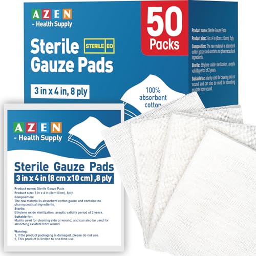 AZEN Paquete de 50 almohadillas de gasa estériles grandes 4x4 estériles para heridas a granel, producto de cuidado de heridas para botiquín de primeros auxilios e instalaciones médicas