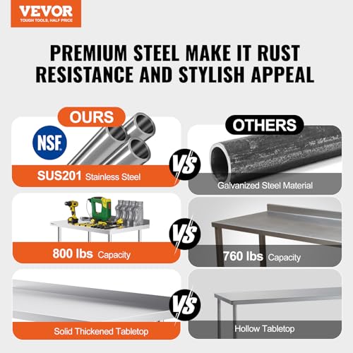 VEVOR Edelstahl Arbeitstisch Küche, kommerzieller Lebensmittelzubereitungs Küchetisch mit Rollen, 61 x 122 x 100 cm