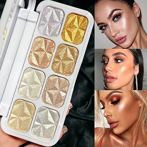 8 Colors Diamond Shimmer Glitter Highlighter Makeup Palette, Face Body Illuminator, Pearlescent Highlighter & Bronzer Pallet, Facial Contour Bronzers High Pigment Shiny Powder, Highlight Shaping Trimming Makeup & Luminizers (Type A)