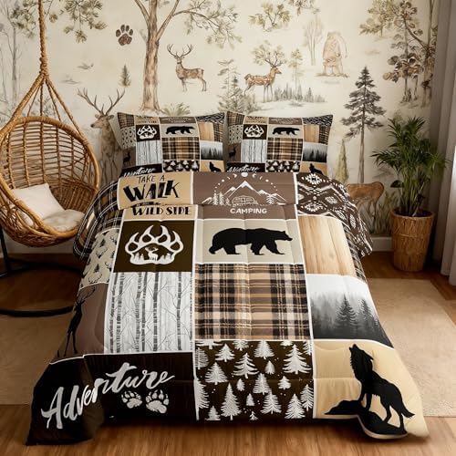 Manfei Rustic Farmhouse Kids Comforter Set Twin Size,Deer Antlers Bear Paws Plaids Patchwork Bedding for Boys Girls Adults Room Decor,Pine Trees Xmas Down Comforter,Brown Duvet Insert,1 Pillowcase