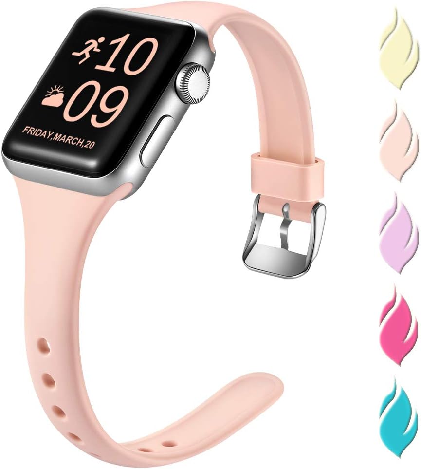 Henva Slim Band Compatible with Apple Watch SE 40mm 38mm, Replacement Accessories Soft Band Wristbands with Stainless Steel Buckle for Apple/iWatch Series 6/5/4/3/2/1, Pink Sand, M/L