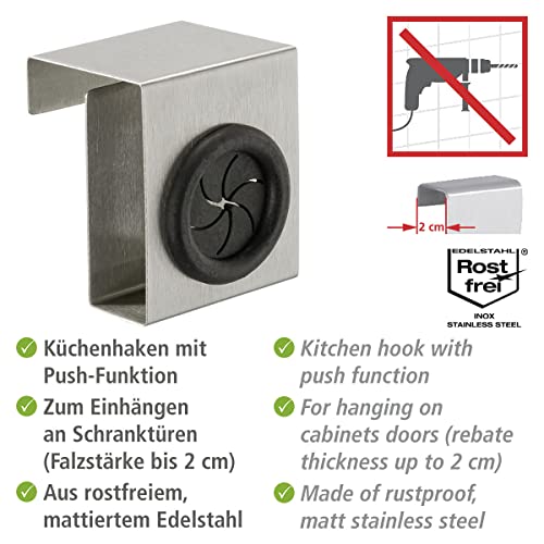 Foto von WENKO Türhaken Mod. Push Küchenhaken mit Push-Pull-Funktion zum Einhängen an Schublade und Schranktür aus rostfreiem Edelstahl inklusive Kratzschutz und Klemmvorrichtung 5 x 6 x 4 cm Silber matt