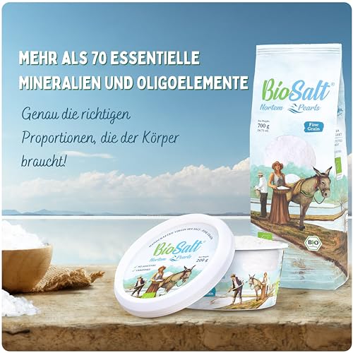 BioSalt Nortem Pearls Bio-Natives Meersalz 2x200 g Kübel Fein + 650 g Beutel Extra Grob + Mühle. 100% Natürliches. Reich an Mineralien. Gesundes Kochen. Unraffiniert, ohne Konservierungsstoffe.
