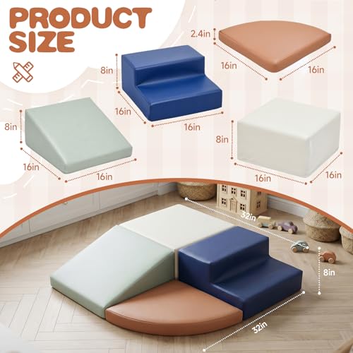 Image of Sumbababy Climbing Foam Blocks for Toddlers: Waterproof Pu Leather Soft Climber - 4 Pcs Toddler Indoor Climbing Toys - Kids Outdoor Playground Playset Best Gift Preschool Daycare Supplies(Blue /Brown)