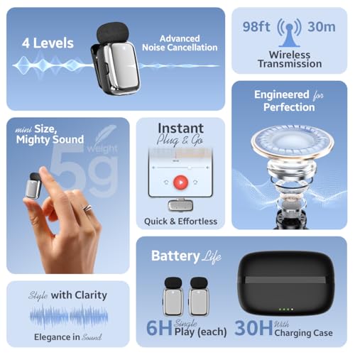 Image of UTECTION by VOOK Wireless Microphone, Dual Channel Collar Lavalier Mic for iPhone & Android, AI Noise Cancellation, 30H Battery, 30m Range, Gunmetal - VOOKLM4
