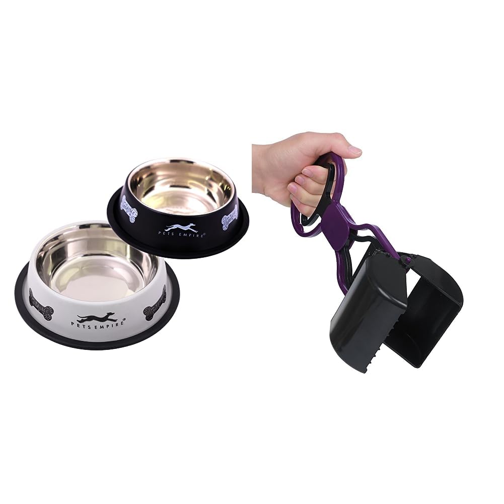 Pets Empire Stainless Steel Feeding Bowl for Dog, Black & Grey Colour, Medium - 700ml & Pets Empire Portable Handle Cleaning Pickup Clip Poop Scoop for Animal Waste Colour May Vary (Small Scooper)