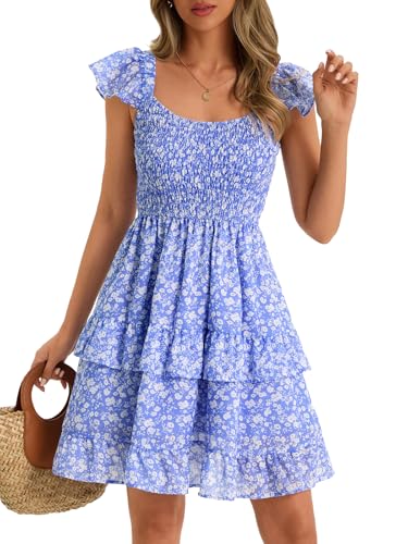 Image of Fessceruna Womens Summer Ruffle Dresses Elastic Empire Waist A-line Layered Swing Flowy Mini Dress