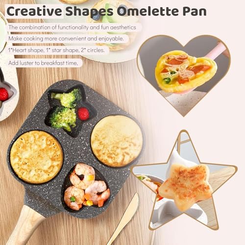 Image of 4 Cavity Egg Pan Non Stick, Pancake Maker, 4-Cup Egg Frying Pan with Wooden Handle Star & Heart Granite Mini Egg Cooking Pan for Breakfast, Pan Skillet Suitable for Gas Stove & Induction Top