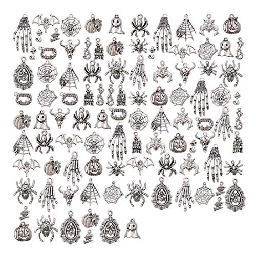 100pcs Tibetan Silver Halloween Charms Pendants Pumpkin Ghost Spider Skeleton Hands Bone Pendants for DIY Crafting Necklace Bracelet - Thumbnail 2