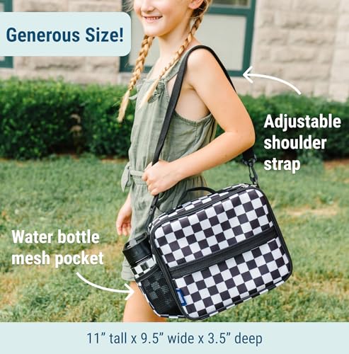 Image of Wildkin Kids ECO rPET Insulated Lunch Box - Keeps Food Hot or Cold, Easy-Clean Lining, Mesh Pockets & BPA-Free - Boys & Girls, Ideal for School, Travel & Daycare - Black and White Checkered
