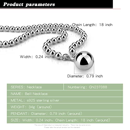 Italy Fashion Women 925 Sterling Silver Bead Necklace Bell and Heart Pendant 4MM 6MM Round Prayer Beads Link Chain 18 "20" 22 "24" 26 "28" 30" 32" 34" Jewelry Gift3