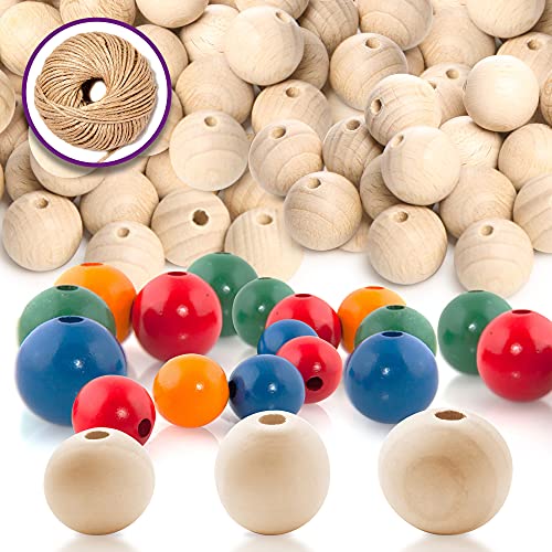 Pinecraft 300 Pack Wooden Beads Bulk - w/ Bonus Twine, Wood Beads for Crafts, Natural Wood Beads, Wooden Beads for Crafts, Large Wood Beads, Wood Bead Garland, Wood Bead, Wooden Beads Garland