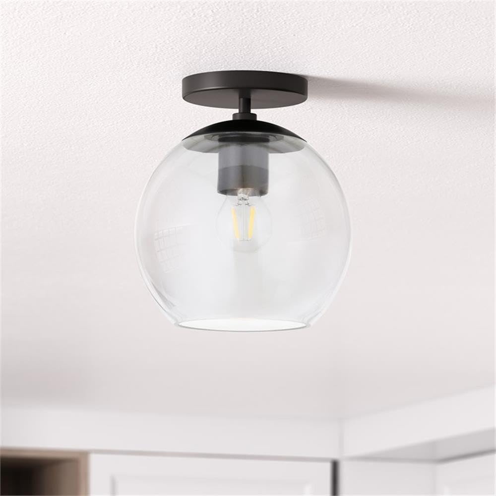 Pemberly Row Contemporary 9" Matte Black Metal/Glass Semi Flush Mount