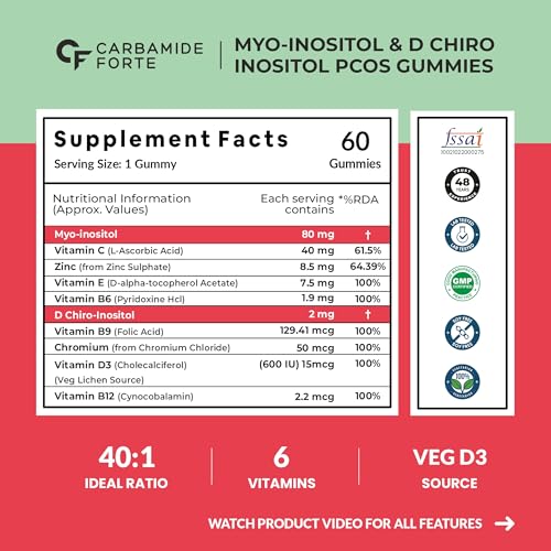 Image of Carbamide Forte PCOS Supplements for Women with 40:1 Ratio of Myo Inositol to D Chiro Inositol | Inositol Supplement for PCOS - 60 Veg Orange Flavoured Gummies, 275 Grams
