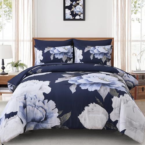 Dobuyly Navy Blue King Size Comforter Set 7 Piece Bed in a Bag, Floral Comforter Set with Sheets, Soft Microfiber Botanical Flowers Complete Bedding Set for All Season
