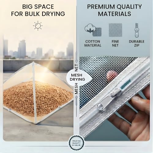 Image of Large Pure Cotton Papad & Vadagam Drying Cloth with Protective Zipper Net Cover | Reusable Breathable SunDrying Sheet for Spices, Millets, Grains Indoor Outdoor Terrace Food Mat, Pack of 1 Size 48*36