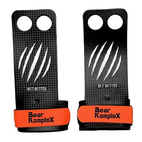 Bear KompleX 2 and 3 Hole Carbon Hand Grips for Crossfit Workouts, Pull-ups, Weightlifting, WOD Gymnastics, Crosstraining Palm Grips with Wrist Wraps, Hand Protection from Rips and Blisters,1 Pair