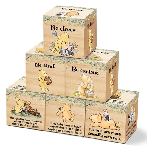 Image of Tillfuru 6Pcs Winnie Quotes Nursery Decor, The Pooh Bedroom Tabel Decorations for Girls and Boys, Classic Winnie Wooden Art Decor, Baby Shower Party Supplies 1.6 * 1.6I