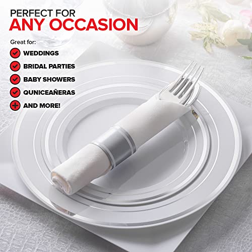 Pre Rolled Plastic Silverware Sets For Parties (25 Pack) Silver Cutlery Set, Disposable Spoons, Forks, Knives, Napkins Prewrapped, Heavy Duty Utensils Individually Wrapped For Wedding, Thanksgiving #TOP6