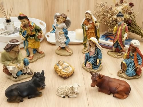 GoddenMene 11-Piece Nativity Set - Hand-Painted Resin Holy Family Figurines, Complete Christmas Nativity Scene with Angel, 3 Kings, Shepherds & Animals for Home Decor & Gifts - Thumbnail 5