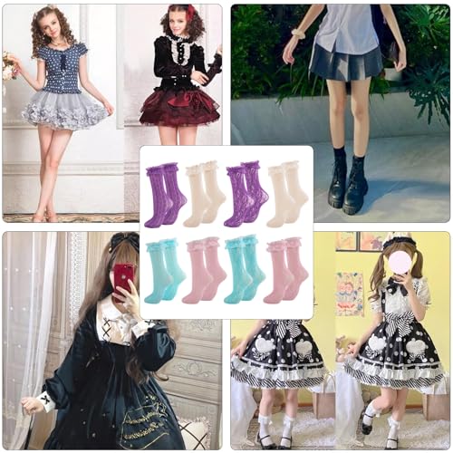 Image of Women Lace Ruffle Socks White Black Frilly Lolita Crew Dress Socks