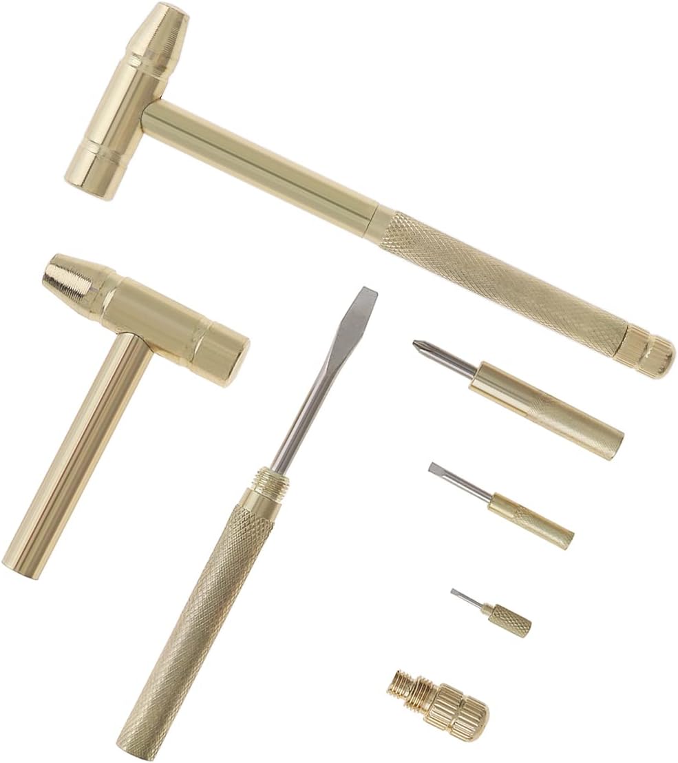 6 in 1 Mini Multifunction Copper Hammer & Screwdriver Hand Tools Detachable Screwdriver Service Tools for Watchmaker Jewelers, Walnuts Eaters and Household Repairing Tool(Gold)