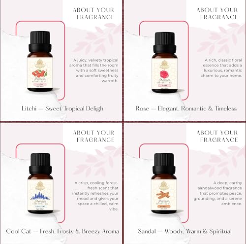 Image of Aroma Diffuser Oil Combo of 6 x 10ml - 60ml | Litchi, Pineapple, Lavender, Cool Cat, Rose, Sandal | Toxin-Free | for Diffuser, DIY, Aroma Use | Pack of 6