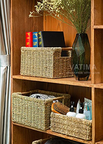 Wicker Baskets For Storage Organizing, Seagrass Storage Baskets Rectangular With Wooden Handles For Shelves, Natural Wicker Storage Basket Bins - Set Of Wicker Baskets For Home Organization #TOP4