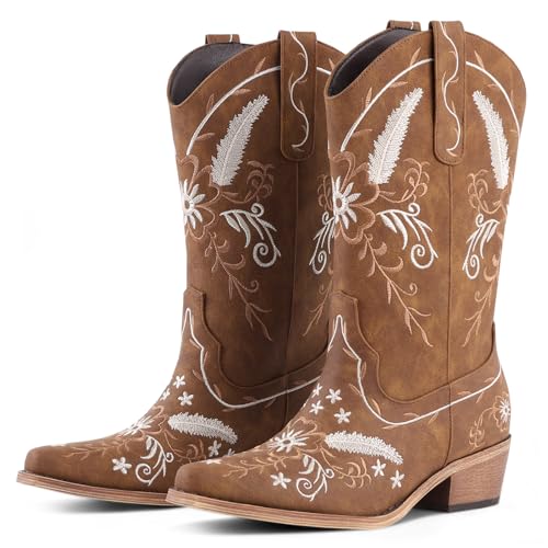 Image of LingxiaUne Cowboy Boots for Women Floral Cowgirl Boots with Pointed Toe and Chunky Heel Mid Calf Western Boot for Concert Festival Country Night Party