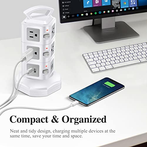 10 Outlets Power Strip Surge Protector With 4 Usb Ports - Retractable Extension Cord - Multi Plug Charging Tower For Multiple Devices - Glconn Desktop Power Station Charger Hub - Home Office Appliance #TOP1