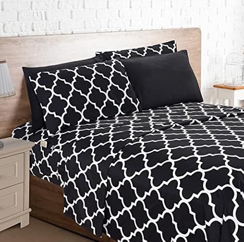 Elegant Comfort 4-częściowy zestaw arkuszy z nadrukiem marokańskiej kraty, super przytulne, odporne na blaknięcie i zagniecenia, 1500 premium mikrofibra w jakości hotelowej, głęboka kieszeń