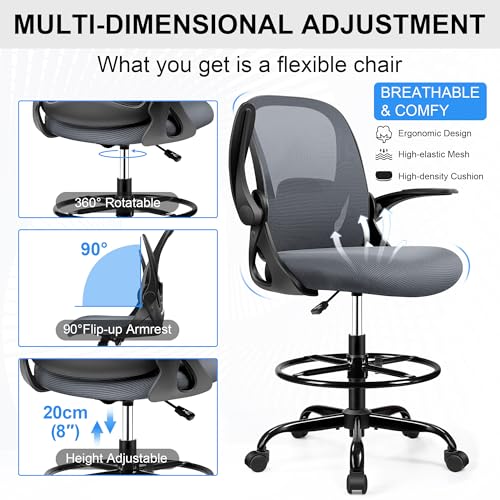 Image of Drafting Chair Tall Office Chair with Flip-up Armrests, Adjustable Height, Enhanced Lumbar Support Ergonomic Rolling Stool, Back Support, Adjustable Foot Rest Ring for Standing Desk Dark Gray
