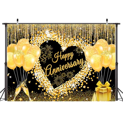 9x6 ft Floral Anniversary Backdrop Banner, Black and Gold Balloon
