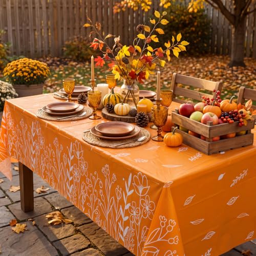Image of 3 Pcs Fall Plastic Tablecloths, 54 X 108Inch Orange Line Floral Tablecloth