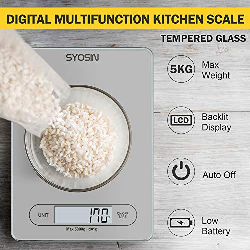 Bamoer Digital Kitchen Scales LCD Display Food Scale with Tempered Glass Cooking and Baking Electric Food Weighing Scales 5kg/ 11lb Accurate Kitchen Scale - Thumbnail 5