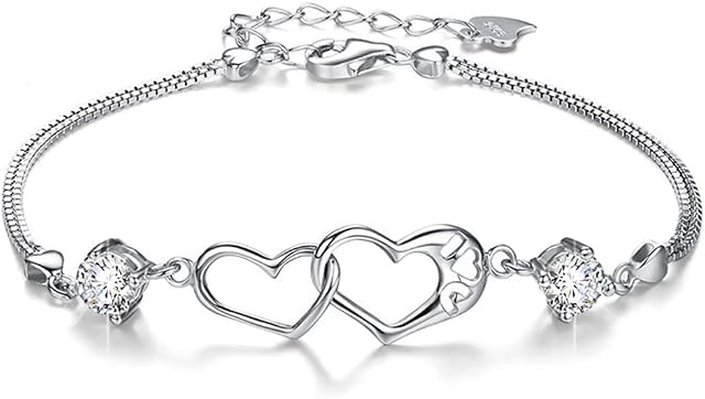 Branets Heart Bracelet with Crystal 925 Sterling Silver Adjustable Bracelet Friendship Forever Gift for Women and Girls