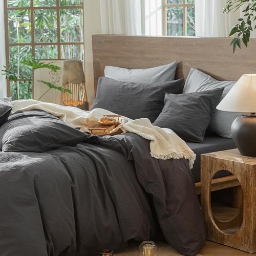 Image of MooMee Wavy Striped Duvet Cover Set 100% Washed Cotton Linen Like Textured Breathable Durable Soft Comfy (Charocal Grey, Twin 68 inchx90 inch)
