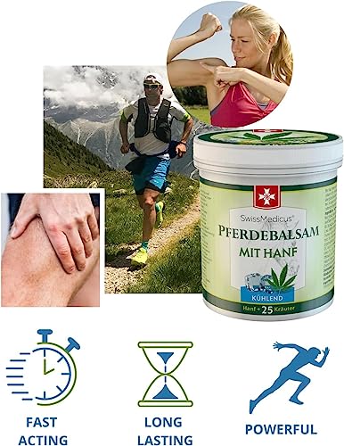 SwissMedicus Pferdebalsam mit Hanf - Kühlende Wirkung für Muskeln & Gelenke - gel mit 25 natürlichen Extrakten - Ideal für Sportler - Alltäglicher Gebrauch - Tiefenwirksame Formel 4