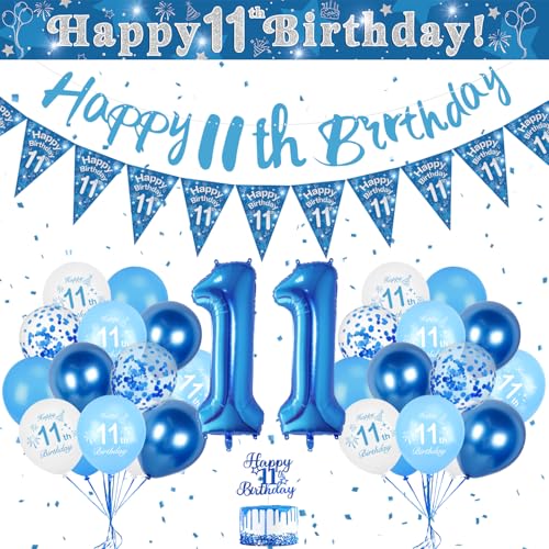 11th Birthday Decorations for Boys - Blue & White Balloons, Happy Birthday Banner, Triangle Flag Confetti & Large Number Balloons