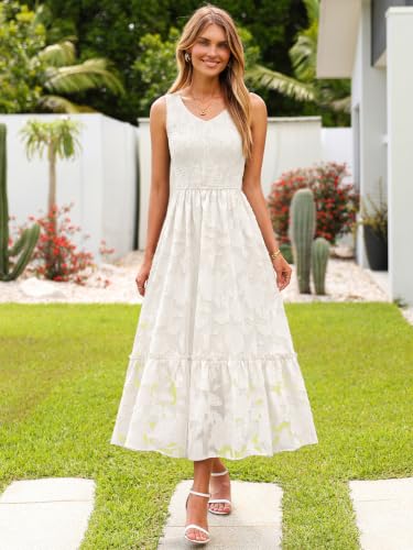 Image of Simplee Womens Semi Formal Dresses for Wedding Guest Floral Lace Midi Dress | Floral lace, Modest, Midi length, Sleeveless, V neck, Smocked empired waist, Semi formal wedding guest dress, Baptism dress