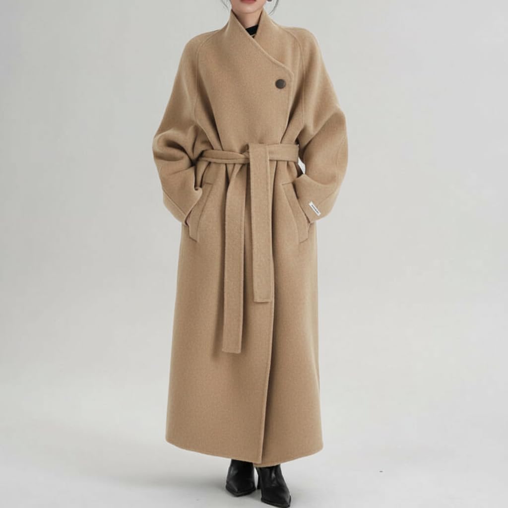 utcoco Women's Oversized Long Wool Coat Asymmetric Wrap Belted Trench Coat Fall Winter Overcoat with Pockets