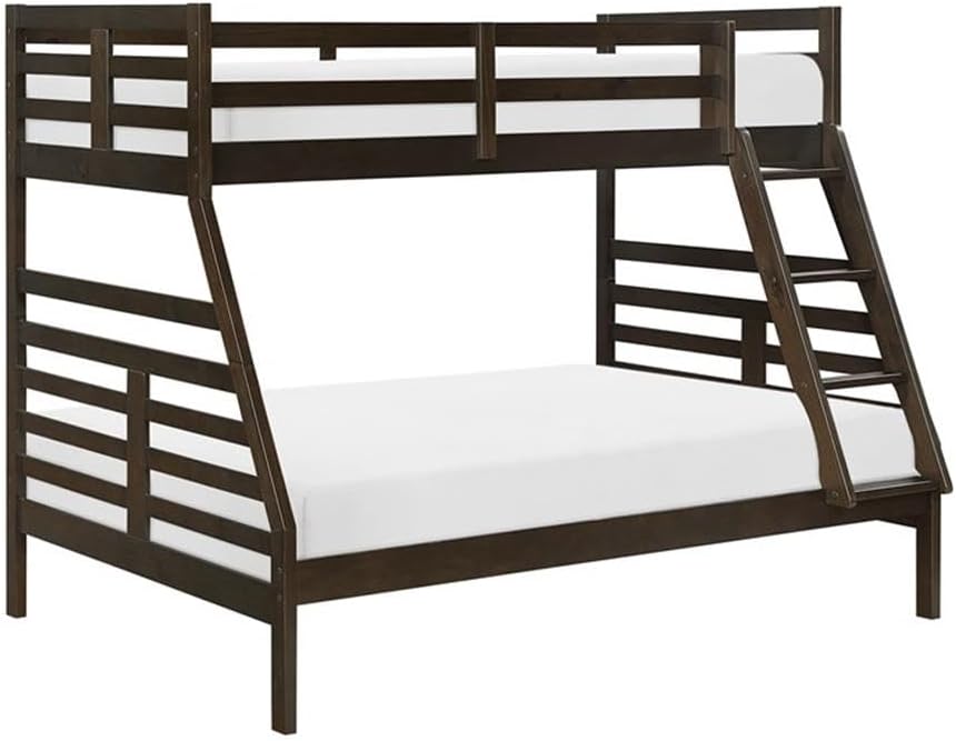 Pemberly Row Contemporary Twin/Full Bunk Bed, Pine Wood Frame, Dark Brown Finish, Safety Guard Rails, Built-in Ladder, No Box Spring Required, Kids Room or Guest Space Sleeping Solution