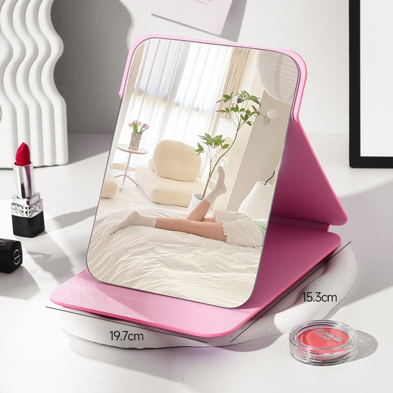 Espejo plegable de escritorio de cuero PU rosa
