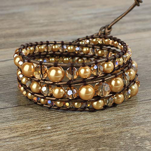 Image of KELITCH Gold Pearl Crystal Beaded 3 Wrap Bracelet Original Leather Bracelet Top Jewelry (Gold)