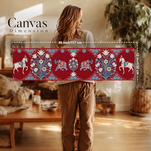 Image of Mughal folk Art Vibe Flower Canvas Wall Art Painting For Living Room, Mughal-Inspired Elephant & Horse Painting Red Traditional Floral Ethnic Wall Art For Home & Office Decor - 13x47 Inch
